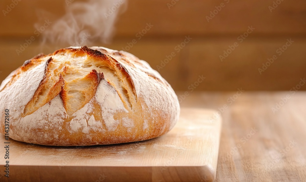 Freshly baked loaf of bread emitting steam on a wooden surface. Freshly baked loaf of bread emitting steam on a wooden surface.