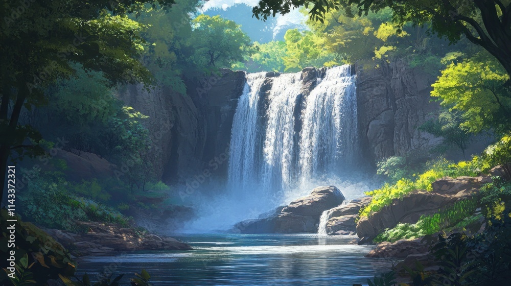 Tranquil Waterfall Amidst Lush Greenery Tranquil Waterfall Amidst Lush Greenery