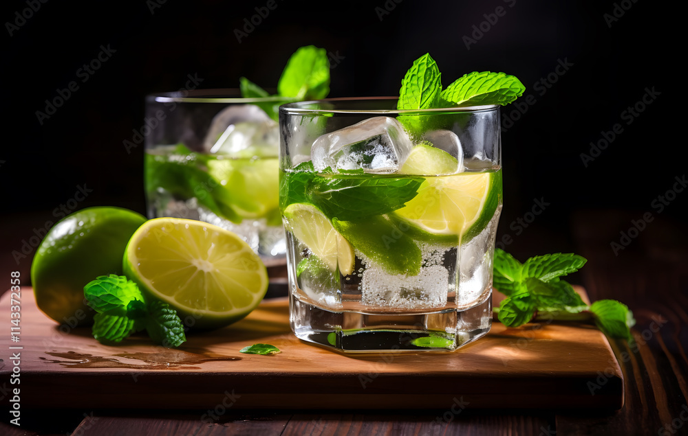 A refreshing cocktail made with lime, mint and ice in a glass. Perfect for a cool, refreshing drink with a hint of rum and soda. A refreshing cocktail made with lime, mint and ice in a glass. Perfect for a cool, refreshing drink with a hint of rum and soda.