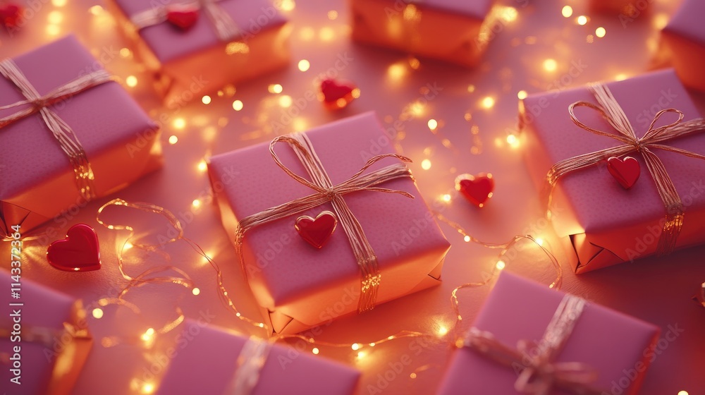 Fototapeta premium Colorful Gift Boxes with Hearts and Twinkling Fairy Lights Background