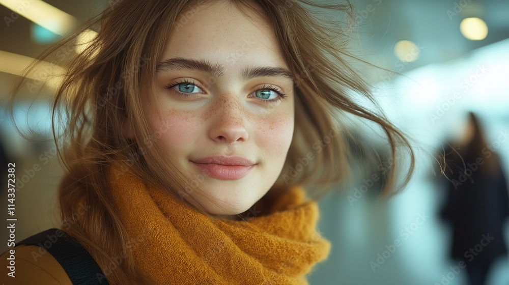 Smiling Young Woman in Warm Scarf at Airport Smiling Young Woman in Warm Scarf at Airport