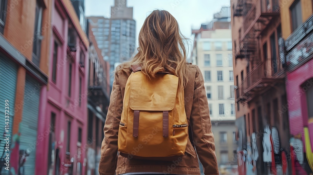 Young woman with a yellow backpack walking through a colorful urban street.
