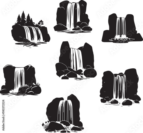 Silhouette of waterfall surrounded by large boulders vector silhouette