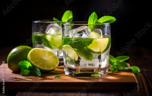 A refreshing cocktail made with lime, mint and ice in a glass. Perfect for a cool, refreshing drink with a hint of rum and soda. photo