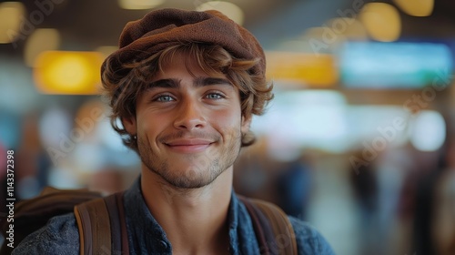 Young Smiling Man with Stylish Hat in Airport Setting