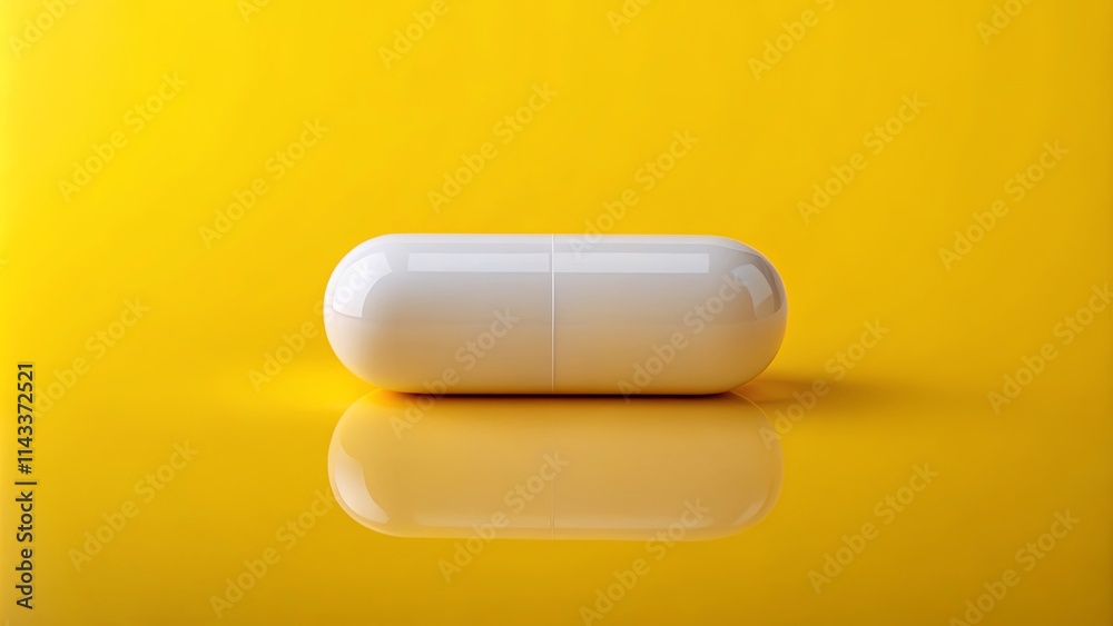 A solitary white capsule rests on a vibrant yellow surface, its smooth, glossy exterior reflecting the surrounding light, creating a captivating visual of simplicity and purity. A solitary white capsule rests on a vibrant yellow surface, its smooth, glossy exterior reflecting the surrounding light, creating a captivating visual of simplicity and purity.