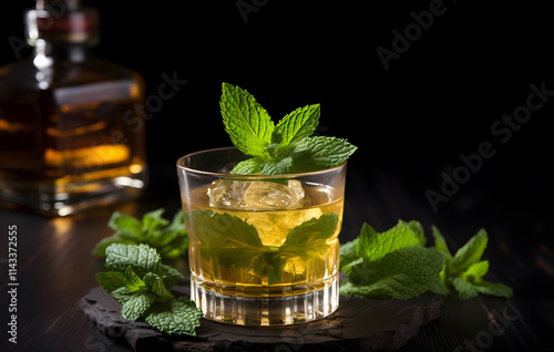 A refreshing cocktail made with lime, mint and ice in a glass. Perfect for a cool, refreshing drink with a hint of rum and soda.