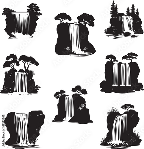 Silhouette set of waterfall with rocks and river at the base forest vector silhouette
