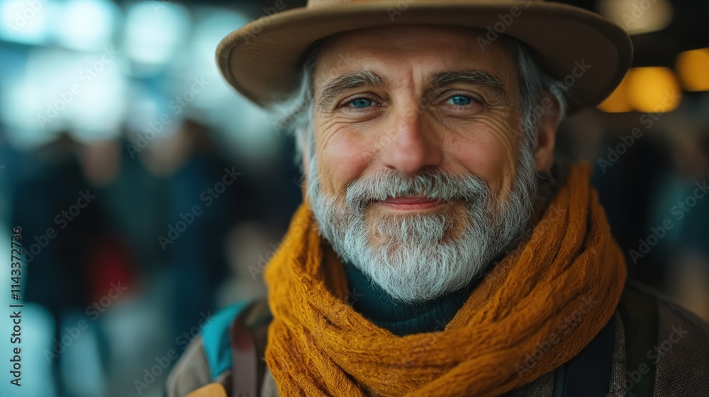 Smiling Senior Man in Stylish Hat and Scarf Smiling Senior Man in Stylish Hat and Scarf
