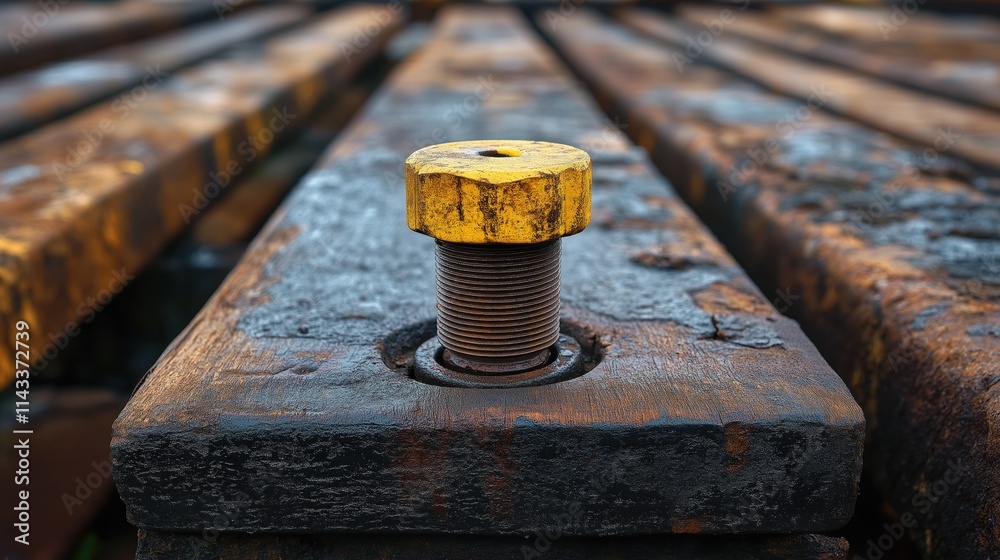 Rusty Yellow Bolt on a Weathered Metal Surface Rusty Yellow Bolt on a Weathered Metal Surface