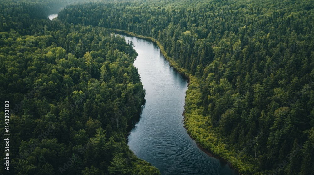 Serene Winding River Through Dense Forest Landscape Serene Winding River Through Dense Forest Landscape