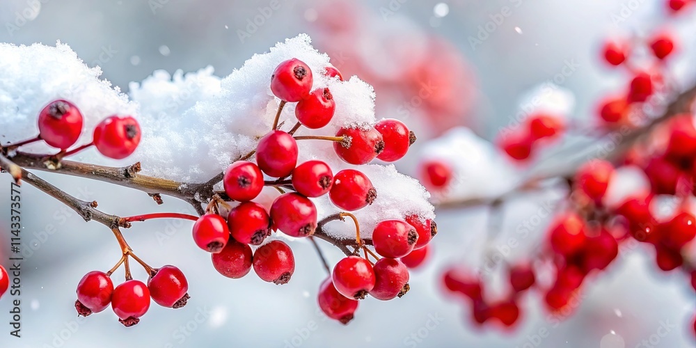 A Delicate Branch of Red Berries Covered in Soft Snow, a Festive Display of Nature's Beauty A Delicate Branch of Red Berries Covered in Soft Snow, a Festive Display of Nature's Beauty