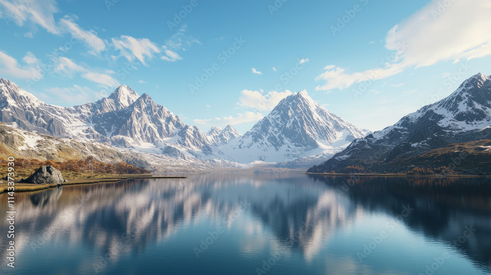 Serene Alpine Lake with Snow-Capped Mountains and Reflections Under a Clear Blue Sky Serene Alpine Lake with Snow-Capped Mountains and Reflections Under a Clear Blue Sky
