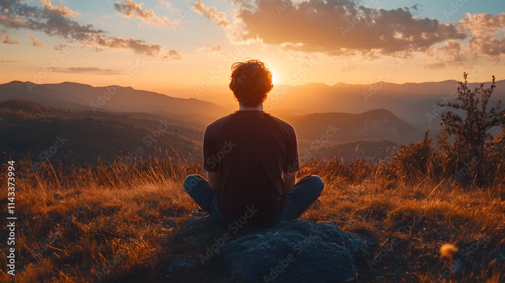 A young Caucasian man meditating at sunset in a tranquil mountain landscape. A young Caucasian man meditating at sunset in a tranquil mountain landscape.