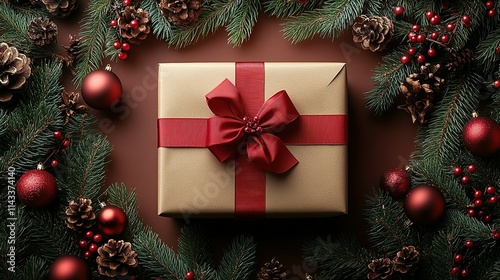 Charming Christmas Display of Gift Box, Red Ribbon, and Ornaments with Neutral Shadow on Transparent Background photo