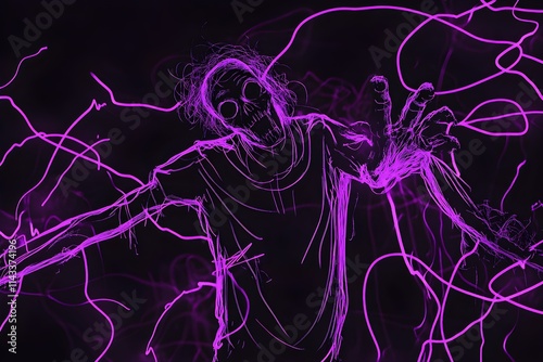 A glowing neon outline of a comical zombie character set against a black background.