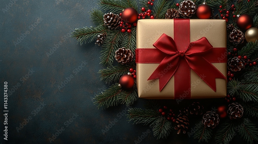 Charming Christmas Display of Gift Box, Red Ribbon, and Ornaments with Neutral Shadow on Transparent Background Charming Christmas Display of Gift Box, Red Ribbon, and Ornaments with Neutral Shadow on Transparent Background