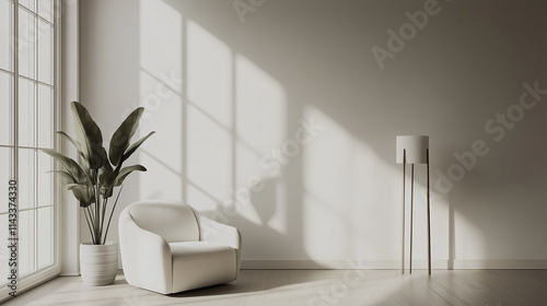 A very clean, almost empty room with one standout piece of furniture or art, promoting calm photo