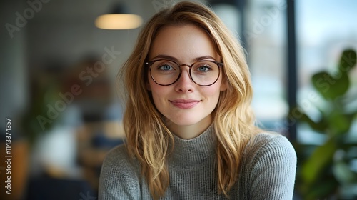 Smiling young Caucasian woman with glasses in a cozy cafe setting.