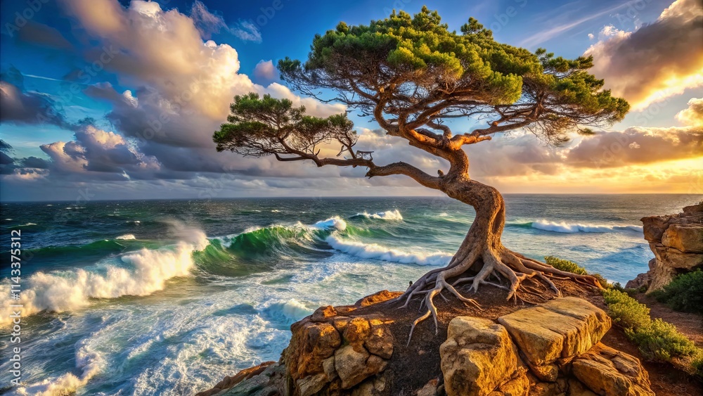 Fototapeta premium A solitary tree clinging to a rocky cliff, its branches outstretched towards the crashing waves of a stormy sea, bathed in the golden light of a dramatic sunrise.