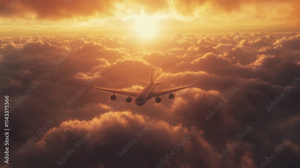 An airplane flies above the clouds during a vibrant sunset, showcasing travel and adventure. An airplane flies above the clouds during a vibrant sunset, showcasing travel and adventure.