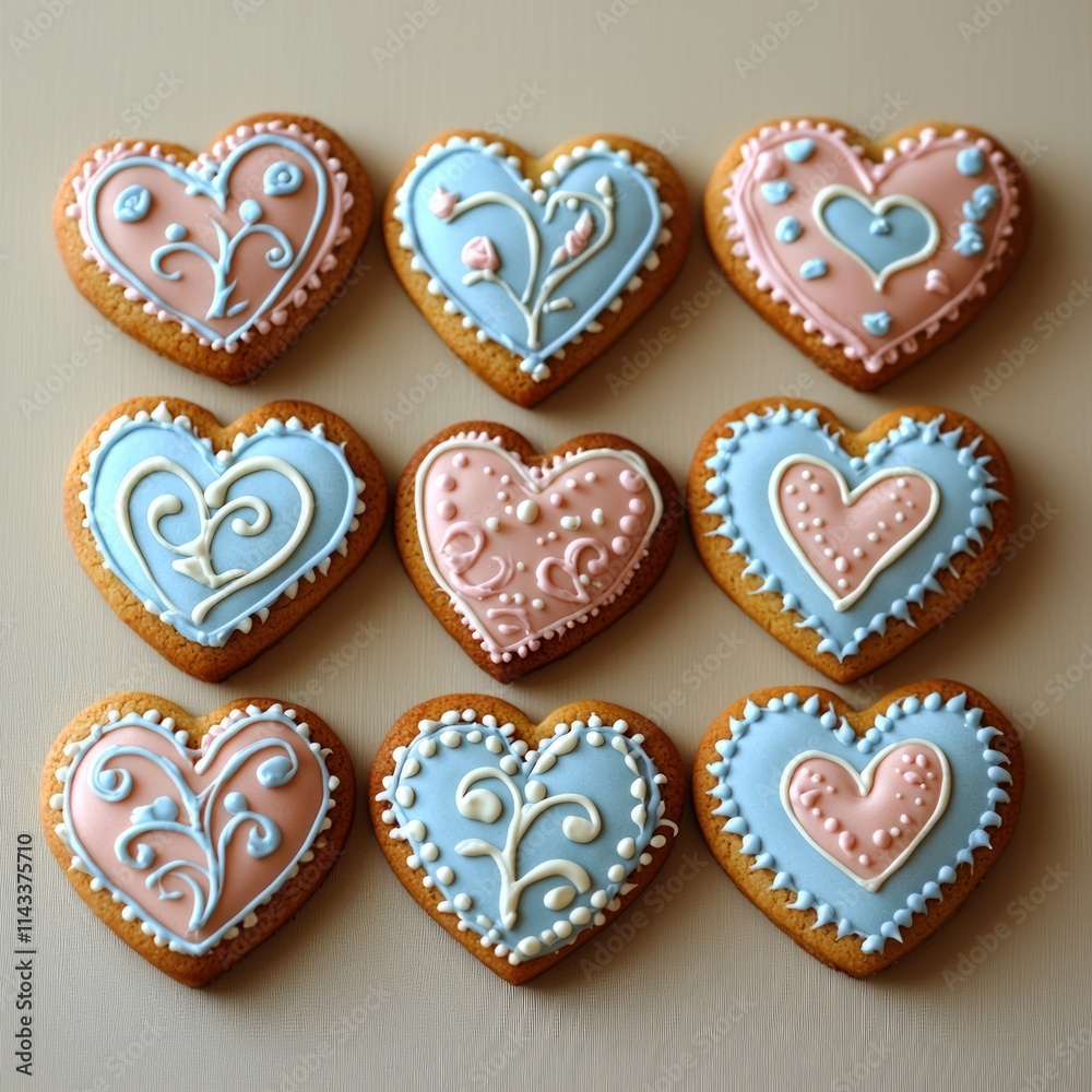 Heart-shaped cookies: Decorative cookies with royal icing designs, neatly displayed on a plain beige surface for a high-focus view Heart-shaped cookies: Decorative cookies with royal icing designs, neatly displayed on a plain beige surface for a high-focus view