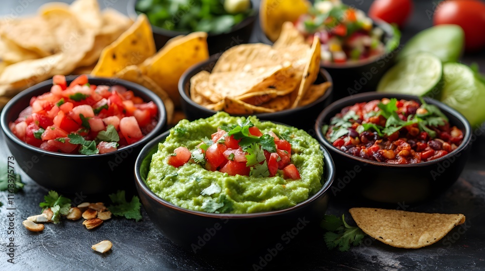Vibrant spread of fresh guacamole, salsa, and tortilla chips on a dark table. Vibrant spread of fresh guacamole, salsa, and tortilla chips on a dark table.