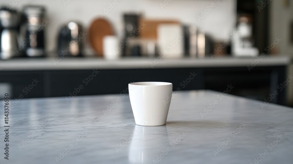 Fototapeta premium Minimalist White Cup on Marbled Table in Modern Kitchen Setting
