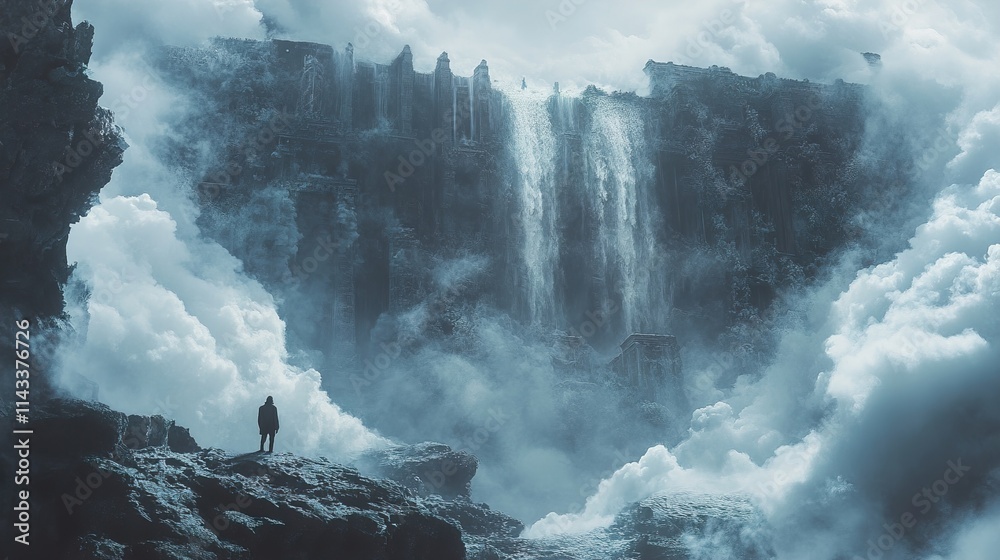Fototapeta premium Solitary Figure at Majestic Waterfall and Ancient Ruins