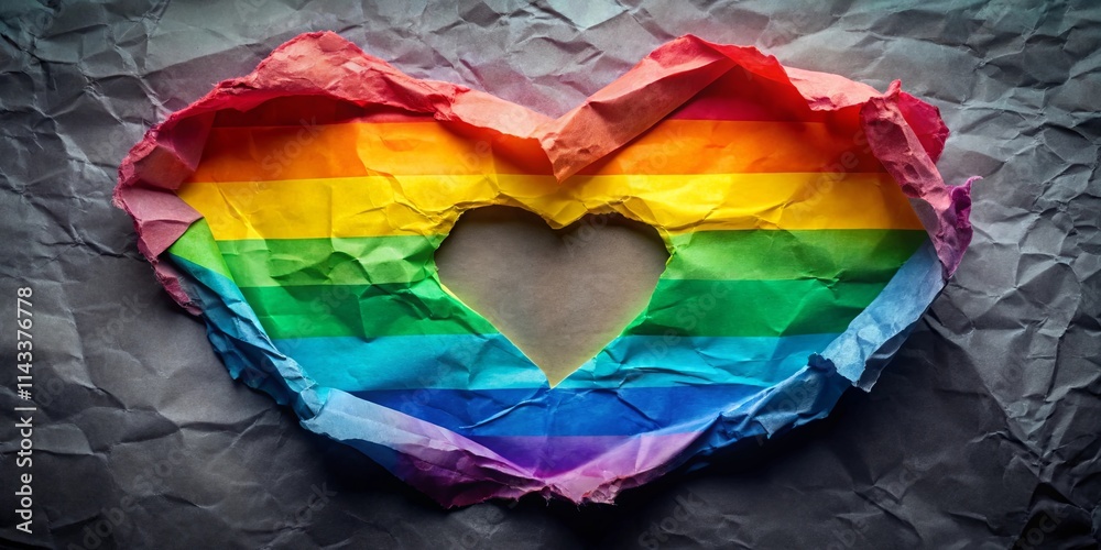 Fototapeta premium A heart-shaped void in a crumpled rainbow paper, representing the unfilled potential for acceptance and understanding