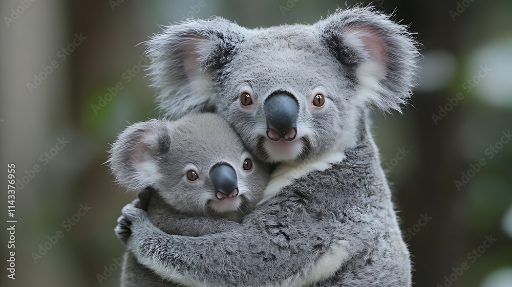 Fototapeta premium Adorable koala mother tenderly embracing her joey.