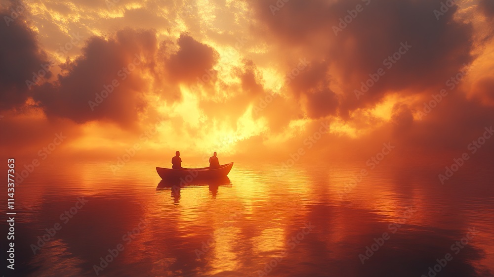 Two Figures in a Boat at Sunset, Serene Landscape Two Figures in a Boat at Sunset, Serene Landscape
