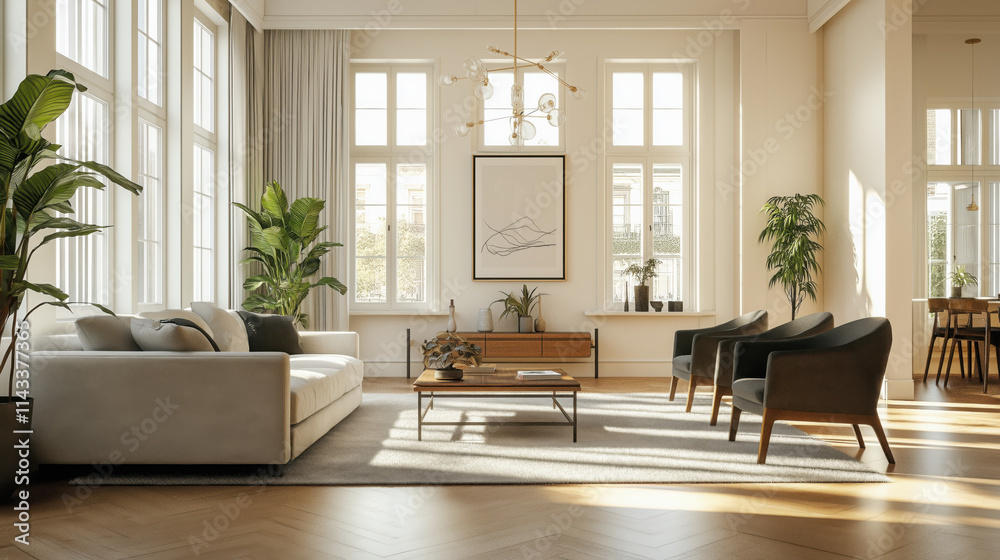 Open House Presentation: Friendly Real Estate Agent with Clients in a Spacious Living Room Open House Presentation: Friendly Real Estate Agent with Clients in a Spacious Living Room