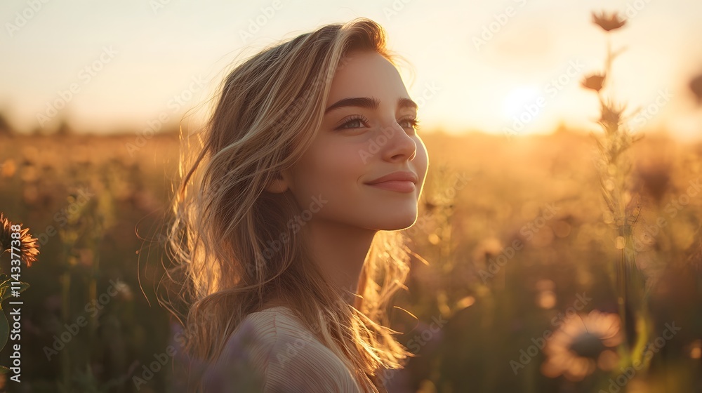 Young Caucasian woman smiling in a sunlit flower field during golden hour. Young Caucasian woman smiling in a sunlit flower field during golden hour.