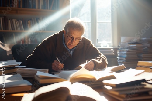 An elderly man studies books in a sunlit room filled with literature.