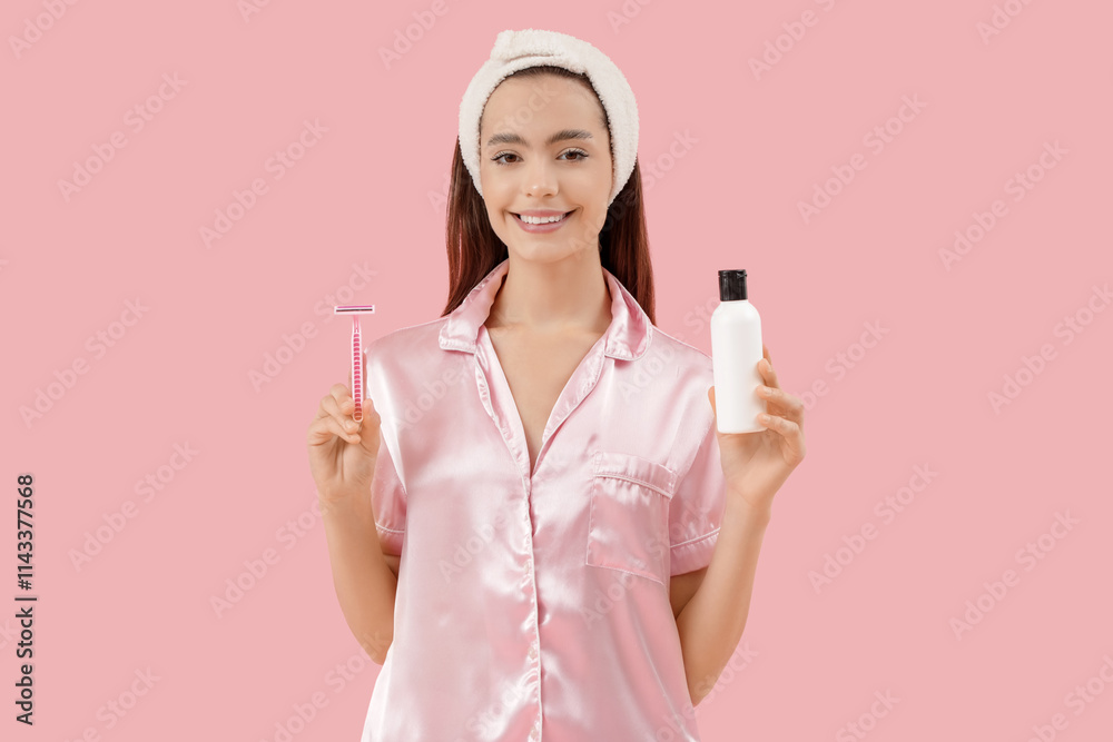 Beautiful young happy woman with razor and bottle of shaving foam on pink background Beautiful young happy woman with razor and bottle of shaving foam on pink background