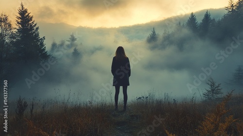 Woman Contemplating in Misty Mountain Landscape