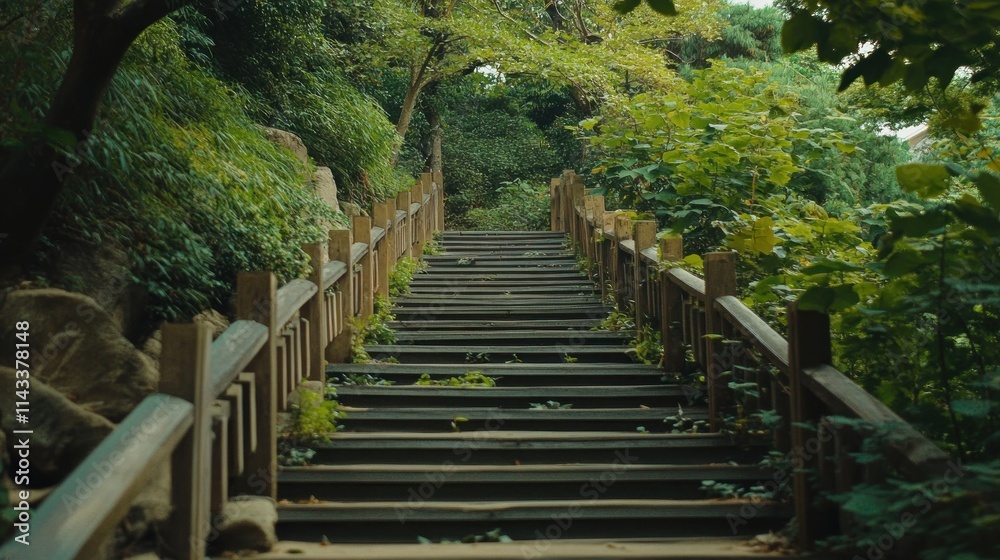 Wooden Steps Leading Up Into a Lush Green Forest Wooden Steps Leading Up Into a Lush Green Forest
