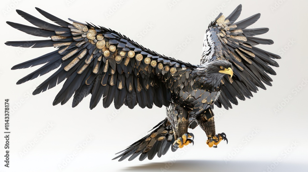 Obraz premium Majestic Mechanical Eagle: A 3D Render of a Black and Gold Avian Masterpiece
