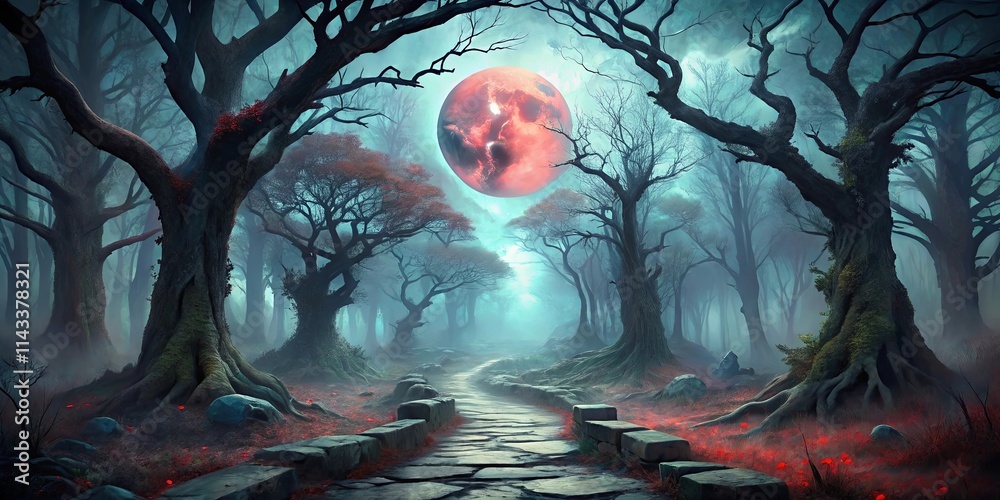Obraz premium A Stone Path Winds Through a Mystical Forest Bathed in Eerie Blue Mist, Illuminated by a Giant Crimson Moon