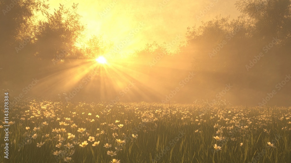 Serene Sunrise Over Flower Field with Soft Mist and Gentle Light Serene Sunrise Over Flower Field with Soft Mist and Gentle Light