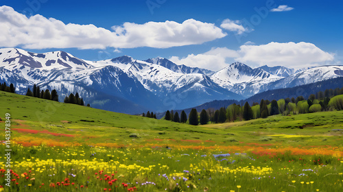 A vibrant meadow in spring, filled with colorful wildflowers, grazing deer, and snow-capped mountains in the distance.