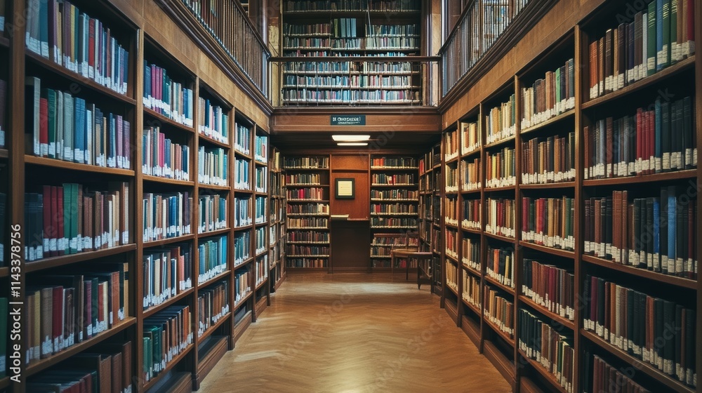 Serene Interior of a Library with Tall Wooden Shelves Serene Interior of a Library with Tall Wooden Shelves