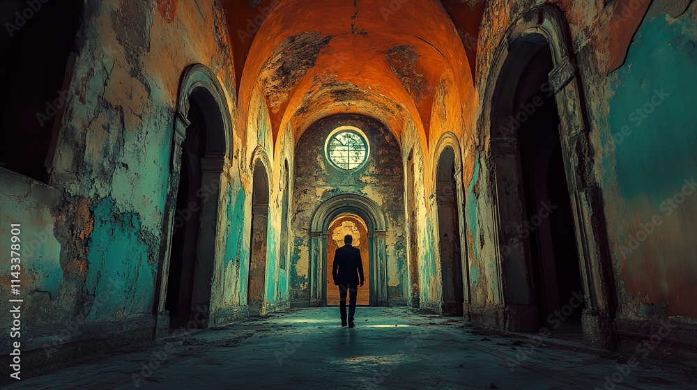 Solitary Figure in a Crumbling Hallway of an Abandoned Building