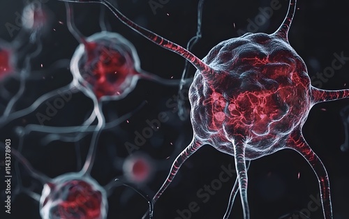 Microscopic view of glowing red neurons interconnected.