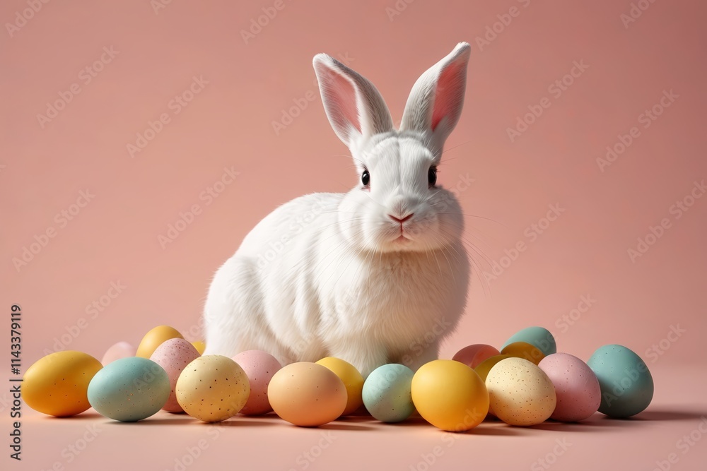 Fototapeta premium there is a white rabbit sitting among a pile of colored eggs