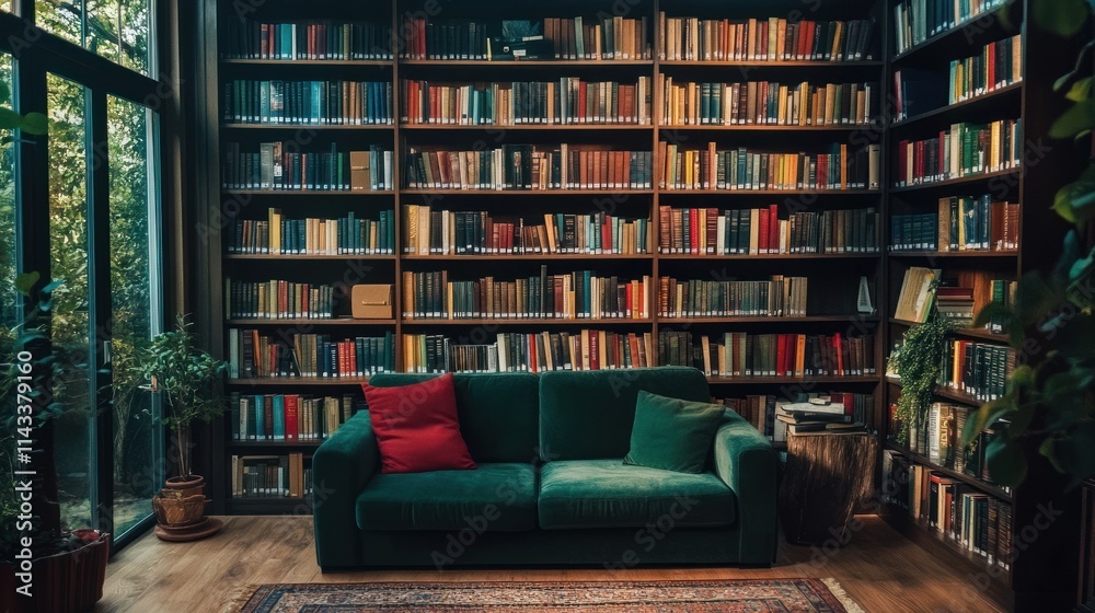 Cozy library with a green couch and bookshelves filled with colorful books. Cozy library with a green couch and bookshelves filled with colorful books.