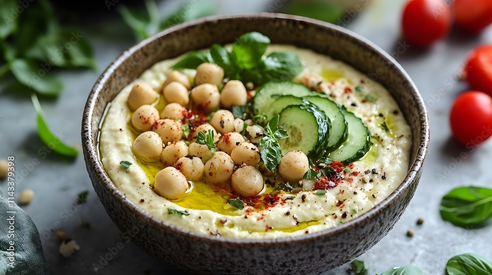 Delicious vegan chickpea hummus topped with fresh cucumbers and herbs. Delicious vegan chickpea hummus topped with fresh cucumbers and herbs.
