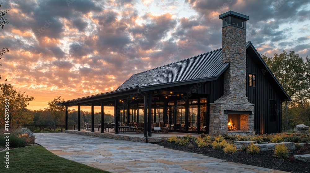 Modern luxury home with fireplace at sunset. Modern luxury home with fireplace at sunset.