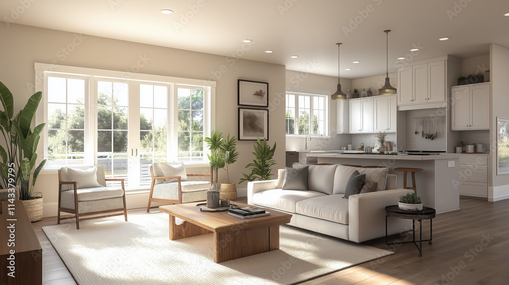 Open House Presentation: Friendly Real Estate Agent with Clients in a Spacious Living Room Open House Presentation: Friendly Real Estate Agent with Clients in a Spacious Living Room